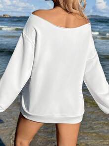SHEIN EZwear 白色海龟图案露肩宽松休闲长袖女式运动衫，复古风格，适合海滩、音乐节、度假氛围，适合秋冬迈阿密女孩 - 白色 - 查看 2