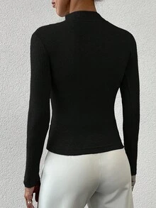 EURMUSE Women's Slim Fit Solid Color Stand Collar Sweater - Black - View 2