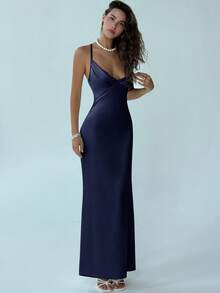 Aloruh 女士优雅纯色褶皱细肩带露背连衣裙，夏季 - 藏蓝色 - 查看 6