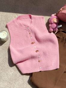 CovetEZ 女士休闲金属扣纯色针织背心 - 粉色 - 查看 8