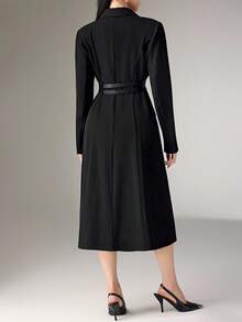 Heiryn 翻领韩式束腰双腰带长袖优雅礼服 - 咖啡棕 - 查看 6