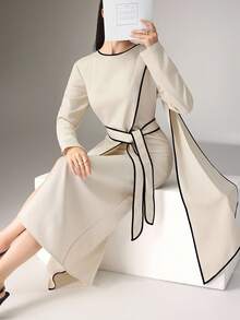 Heiryn Autumn New Asymmetrical Wrap Ribbon Contrast Color High-End Dress