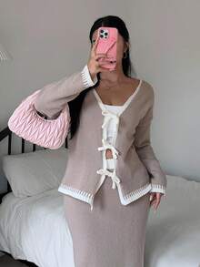 Flirla 秋冬新款简约蝴蝶结开衫毛衣连衣裙套装