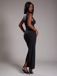 NYA SZN Dress V Neck Fitted Bodycon Asymmetrical Sleeve Metal Detail Special Occasion Wedding Birthday Prom Elegant Date Brunch Y2K Sexy Cute Maxi Length Fall Summer Fall Suitable For Commuting Statement Festival Kings Day Outfits For Women - Black - View 2