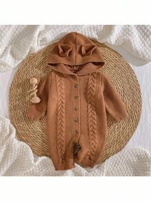 Loomiva Newborn Baby Solid Color Cable Ear Design Sweater Romper Autumn Winter Clothes For Girl - Coffee Brown - View 7