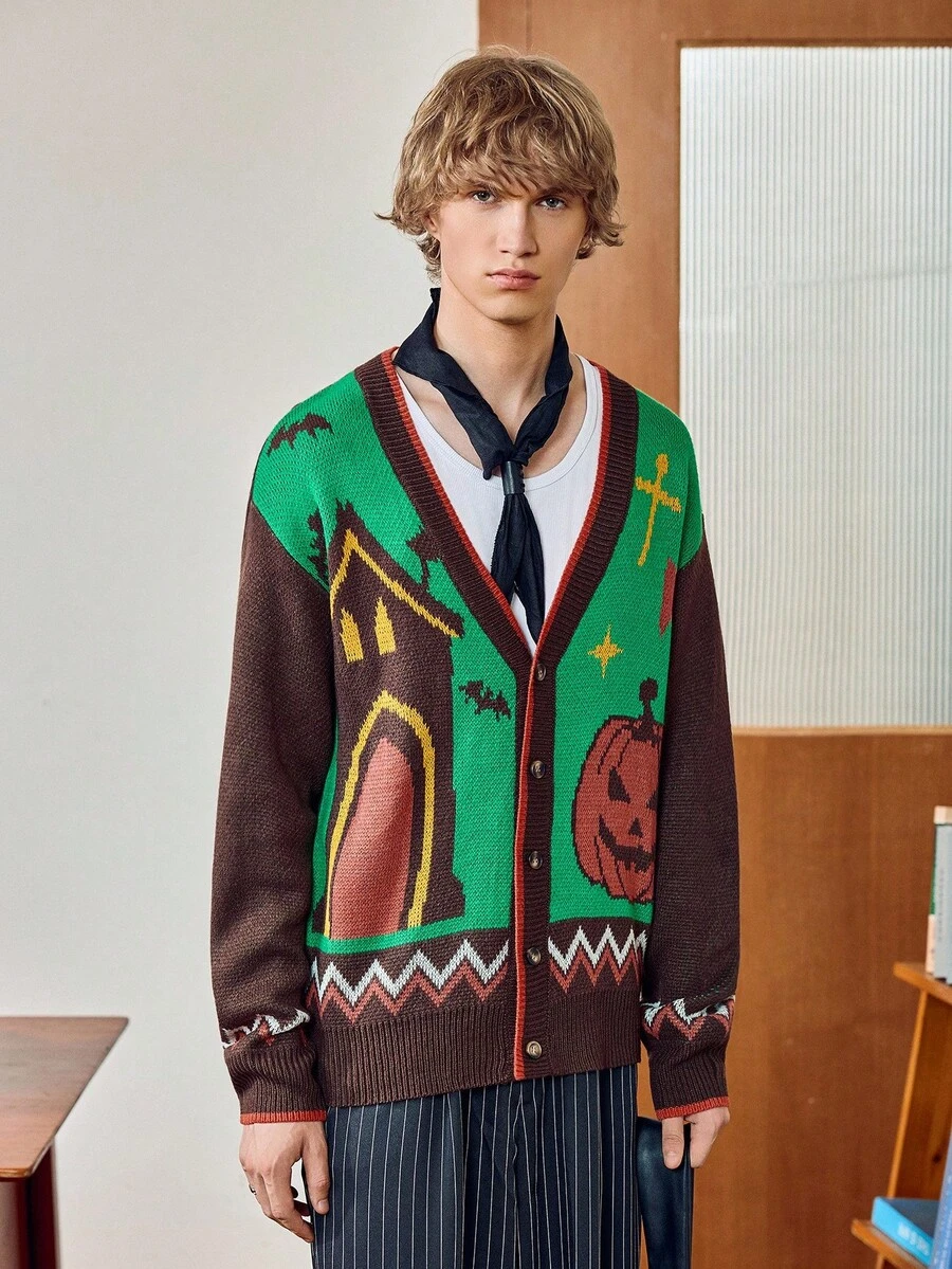 Manfinity Joysei 男士万圣节拼色南瓜图案开衫万圣节派对，万圣节毛衣万圣节开衫南瓜毛衣哥特毛衣毛衣开衫，秋冬 - 彩色 - 查看 1