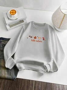 INAWLY Women's Autumn Maple Leaf Embroidery Pattern Crew Neck Sweatshirt - Apricot - View 5