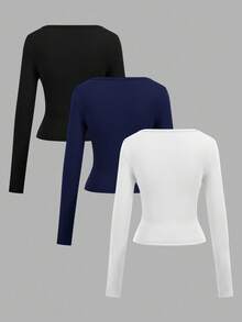 SHEIN EZwear 3pcs Women's Crew Neck Mid-Length Casual Tight Fit Basic Long Sleeve T-Shirts, Suitable For Autumn/Winter