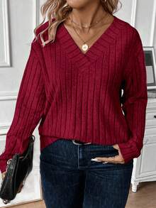EMERY ROSE Plus Size V-Neck Casual Basic Fleece Ribbed Sweatshirt, Autumn/Winter - Red - View 4