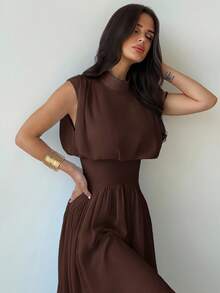 Firerie 女士优雅通勤高领收腰 A 字连衣裙，女士夏装，春夏服装，沙滩装，通勤，优雅，性感，度假，海滩，波西米亚，夏威夷，音乐节，浪漫，约会，婚礼季，毕业礼服，舞会，演出服，音乐会，工作服 - 咖啡棕 - 查看 7