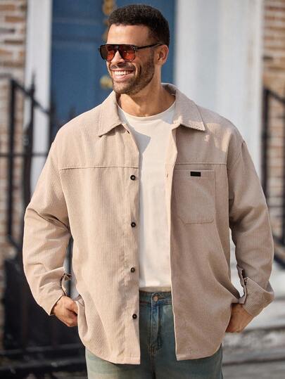 EASEVO 男士加大码休闲纯色灯芯绒衬衫式外套，秋冬季