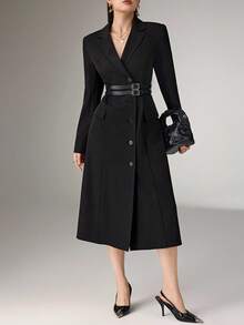 Heiryn 翻领韩式束腰双腰带长袖优雅礼服 - 咖啡棕 - 查看 2