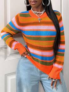BamGleam Women's Striped Long Sleeve Casual Knit Sweater, Autumn/Winter - Multicolor - View 3