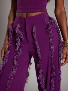 NYA SZN 女士套装（上衣和裤子）上衣修身修身短款可调节肩带领口低腰裤高腰阔腿抽绳流苏细节日常休闲早午餐约会教堂端庄秋冬适合通勤女士服装 - 紫色 - 查看 5