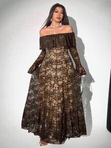 Viva Relle Plus Size Lace Fitted Off Shoulder Ruffle Hem Dress - Coffee Brown - View 4