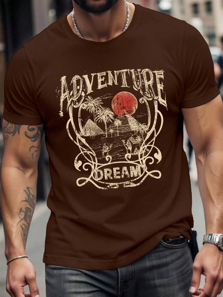 Manfinity Homme Montage Insel Pyramide Palme Grafik Muster Lässig Herren Braun T-Shirt