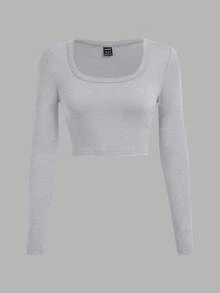 SHEIN EZwear 3件套黑色、灰色、酒红色休闲U领修身短款长袖T恤，适合秋冬季 - 彩色 - 查看 8