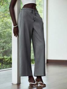 Lumivelle 简单通勤，直筒宽松裤腿，松紧腰带，配金属扣紧腰带灰色裤子商务休闲办公室裤商务裤女士正装裤长裤老款风格返校教师装适度 - 淺灰色 - 查看 3