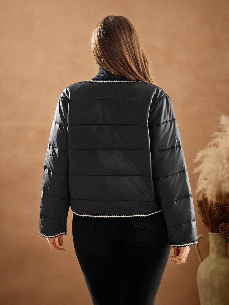 Plus Size Contrast Trim Pocket Casual Everyday Padded Coat Black Quilted Jacket Jacket With Trim Plus Size Black Quilted Jacket Autumn/Winter,2025 New