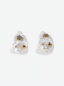 Opalesca Dual-Tone Lava Texture Natural Faux Pearl Elegant Hoop Earrings,Holiday,Vacation,Party,ElEGANT,PREMIUM,PEARL,For Mom/Women/Girl/Mother,Fall/Autumn/Winter,Outfits,Old Money,Premium,Pearl,Elegant,Fairycore/Fairy - Multicolor - View 4