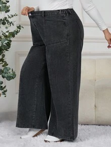 SHEIN CURVE+ 大码女式宽松口袋喇叭腿休闲百搭牛仔裤