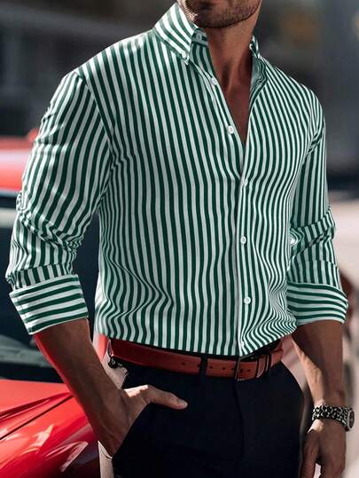 Manfinity Homme Randig långärmad herrskjorta, höst, Old Money-stil