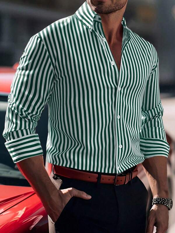 Manfinity Homme Men's Striped Long-Sleeved Shirt, Fall, Old Money Style