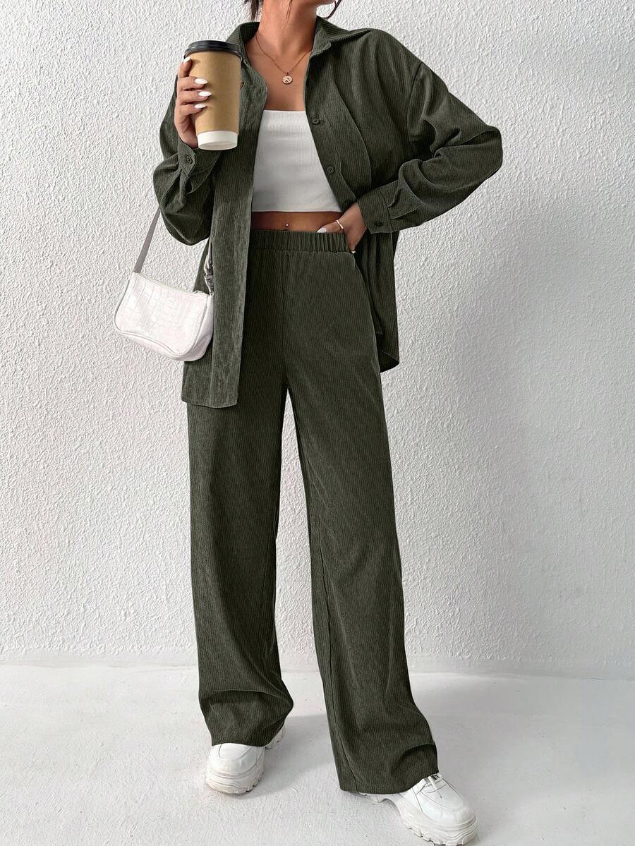 Flirla Áo và quần nhung kẻ hở vai - xanh quân đội - Xem 1