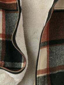 EMERY ROSE 女士休闲格纹保暖内衬短款连帽夹克，秋冬 - 橘色 - 查看 5