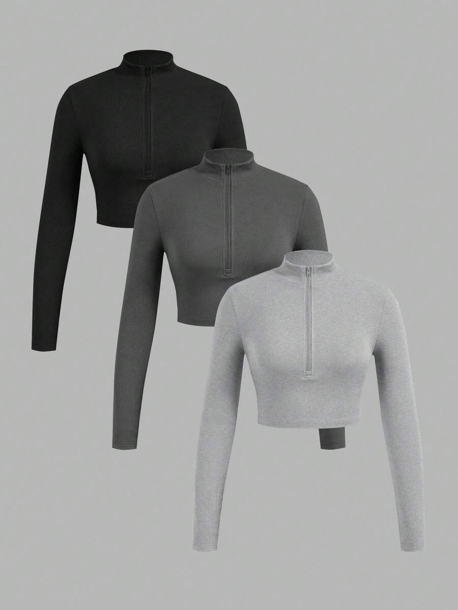 SHEIN EZwear 3 件套女式拉链罗纹面料高领长袖 T 恤套装，适合春秋季 - 彩色 - 查看 1