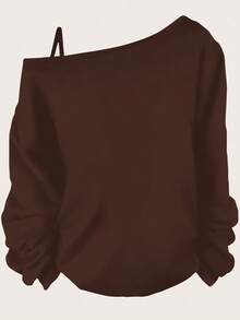 SHEIN Essnce 女款休闲马术骑手图案细肩带长袖T恤，适合春季 - 巧克力棕 - 查看 4