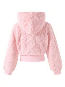 Sparklyn 1pc Girls Hooded Zip-Up Short Cardigan Jacket, Knitted Textured Fabric, Autumn Fall Winter - Pink - View 2