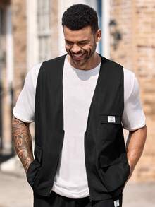 EASEVO Plus Size Men's Casual Everyday Zip-Up Flap Pocket Vest, For Fall Winter - Black - View 5