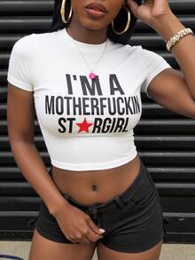 Rovax 女式口号印花性感 Y2K 短款修身短袖 T 恤 - 白色 - 查看 3