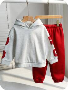 SHEIN 2pcs Young Boy Casual Korean Style Loose Fit Oversized Letter Graphic Hoodie And Elastic Waist Pants Set, Suitable For Autumn/Spring, Outdoor Play, School, Street Style, Party And Leisure, Thermal Lined Thick Fabric Fall Winter - Grey - View 2