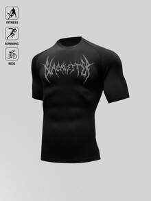 Manfinity Acti Log Men's Casual Printed Round Neck Short Sleeve T-Shirt Rash Guard Men Gym Compression Shirt Wrestling Shirt Compression T Shirt Men Graphic Compression Shirt Compression Shirt Men - Black - View 3