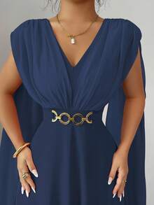 Elenzga 新款褶皱腰带装饰纽扣后腰带设计轻盈连衣裙，优雅大方，适合婚礼、节日、休闲场合 - 寶藍色 - 查看 3