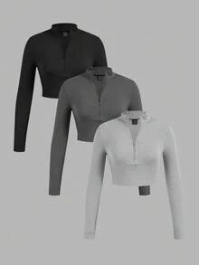 SHEIN EZwear 3 件套女式拉链罗纹面料高领长袖 T 恤套装，适合春秋季 - 彩色 - 查看 11