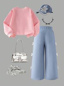 SHEIN Explorewe 2 件年轻女孩秋冬针织圆领 T 恤和蝴蝶结亮片装饰腰带蝴蝶结针织裤套装，运动时尚套装，适合女孩蝴蝶结秋季服装 - 粉色 - 查看 2