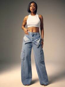 Denimoi Jeans cargo de pierna recta con doblez de moda para otoño e invierno, ropa de calle para mujeres - Lavado ligero - Ver 3