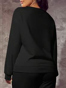 Slaydiva Plus Size Casual Minimalist New York English Print Pattern Loose Fit Thick Crew Neck Long Sleeve Sweatshirt, Suitable For Autumn & Winter - Black - View 2