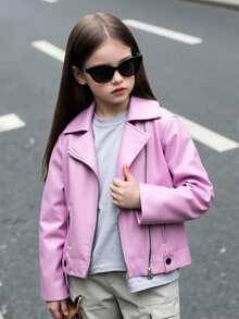 Elladie kids 女童春秋季拉链铆钉机车夹克，时尚休闲风衣机车夹克仿皮夹克女童粉色皮夹克女童拉链夹克少女皮夹克秋冬 - 粉色 - 查看 3