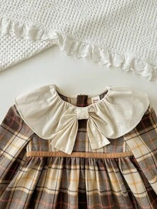 Cozy Pixies Baby Mädchen bunte karierte Kontrast Rundhals Langarm Taille geraffte Kleid, vielseitig & bequem