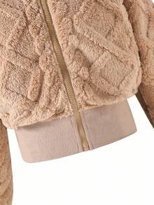 1 Áo khoác cardigan ngắn có mũ trùm đầu kéo khóa cho bé gái, vải dệt kim họa tiết, mùa thu - màu nâu - Xem 4