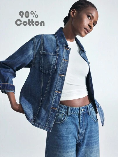 Maija Women's Vintage Blue Denim Jacket Autumn And Winter Long-Sleeved Shirt-Style Coat Classic Casual Wear Comfortable Cotton Denim