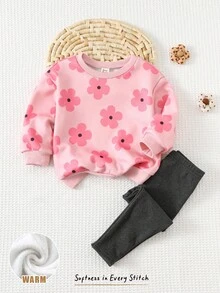 Cozy Pixies Set de 2 piezas de sudadera con cuello redondo de punto suave con mangas raglán y estampado floral y leggings de cintura elástica para niña bebé - Rosa - Ver 1