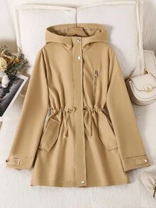 SHEIN 少女卡其色风衣外套，中长款，韩版，长袖，连帽，休闲，收腰 - 卡其色 - 查看 3