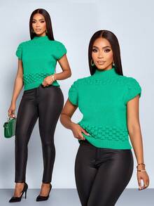 SOLERSUN Áo len chui đầu cổ lọ màu trơn thanh lịch, có gân, kiểu dáng thường ngày dành cho nữ - màu xanh lá - Xem 7