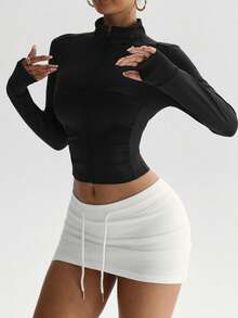 Dewbera Dewbera Women's Solid Color Minimalist Long Sleeve Zip-Up Sports Jacket - Black - View 6