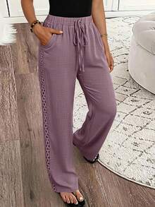 SHEIN LUNE Women Denim Effect Solid Color Pocket Side Ruffle Casual Pants For New Year Clothes Fall Cloth For Women - Dusty Purple - View 1